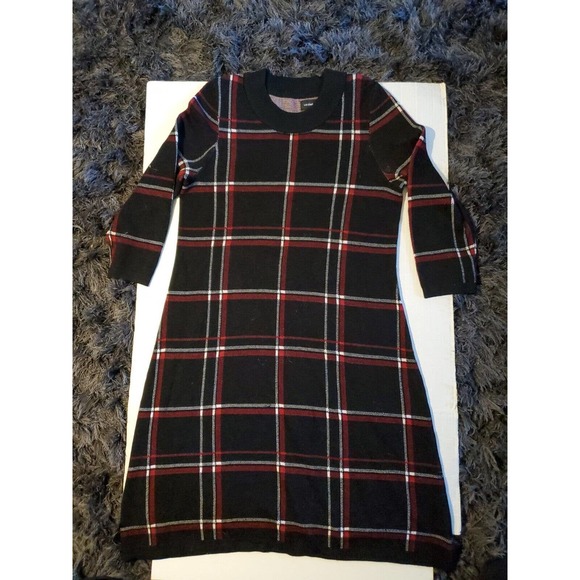 Liz Claiborne Large Black Window Pane Plaid Long Sleeve Stretch Sweater Dress - Picture 7 of 9